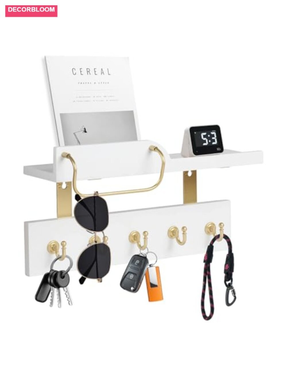2-Tier Real Wood Key Holder Wall Mount with 5 Metal Hooks & Shelf